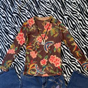 Tropical Floral Long Sleeve Top - Brown